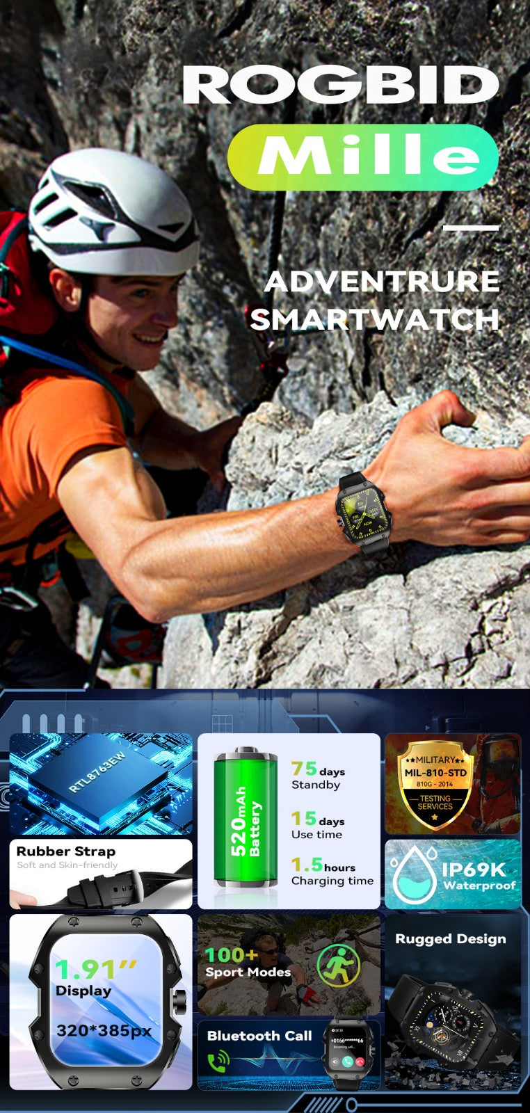 Rugged sports smart watch 1.91 inch 520mAH multi-scene sports mode_1