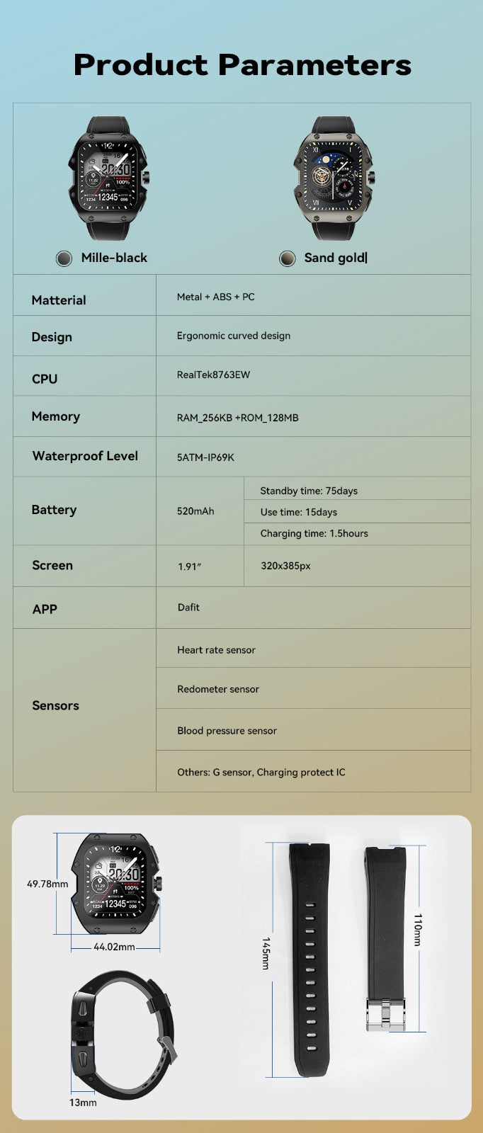 Rugged sports smart watch 1.91 inch 520mAH multi-scene sports mode - Gold_5