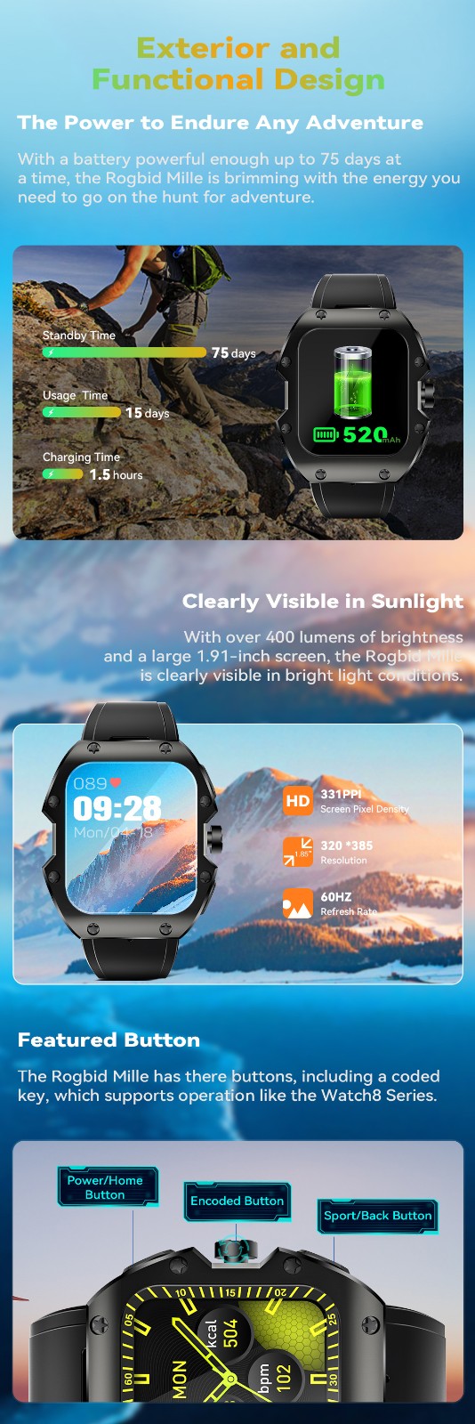 Rugged sports smart watch 1.91 inch 520mAH multi-scene sports mode - Gold_4