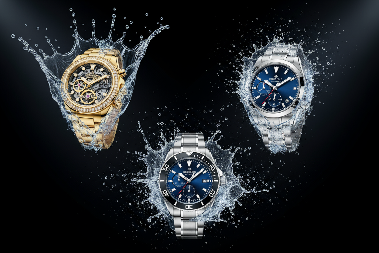 luxury time pieces in 3 different areas on screen with water splashing emphasising wealth and excellence